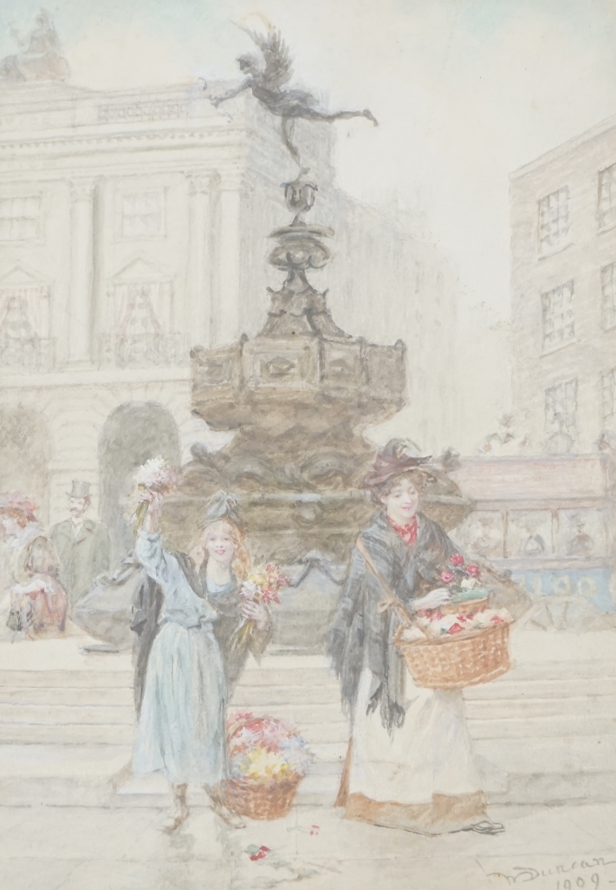 Walter Duncan (British, 1848-1942), pencil and watercolour, Flower sellers by the Eros statue in Piccadilly Circus, signed and dated 1909, 28 x 19.5cm. Condition - fair